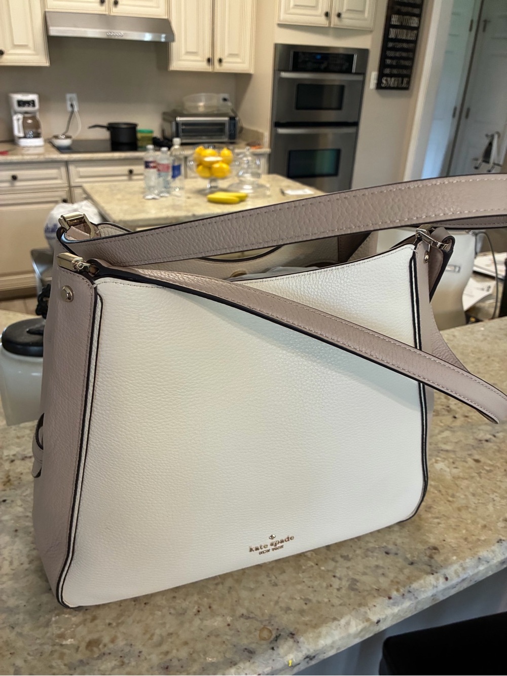 kate spade White and Taupe Pebbled Leather Shoulder Bag